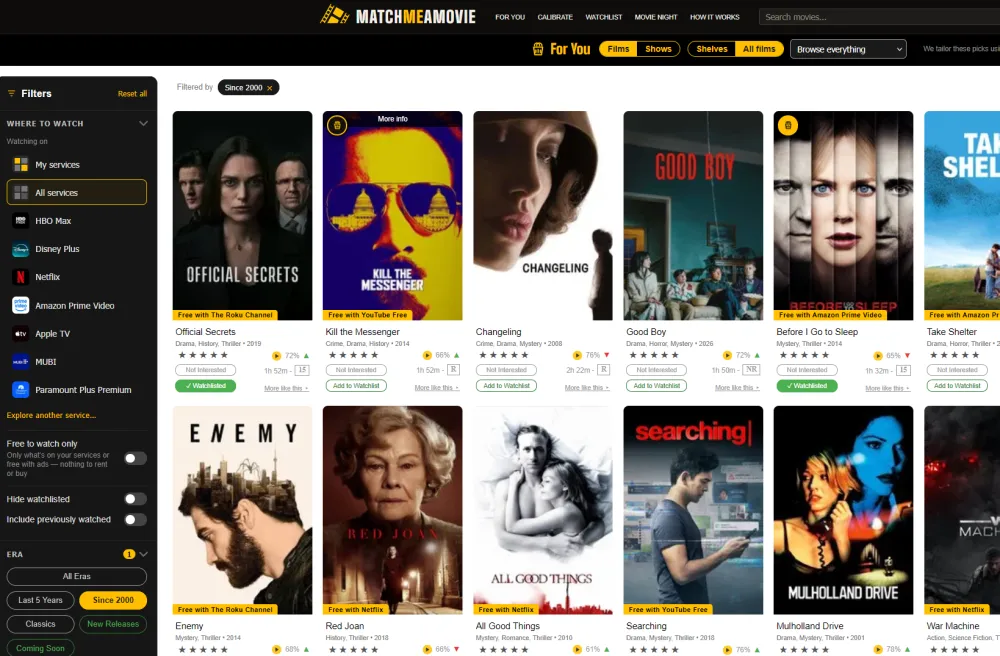 The For You page, every film ranked by your match score